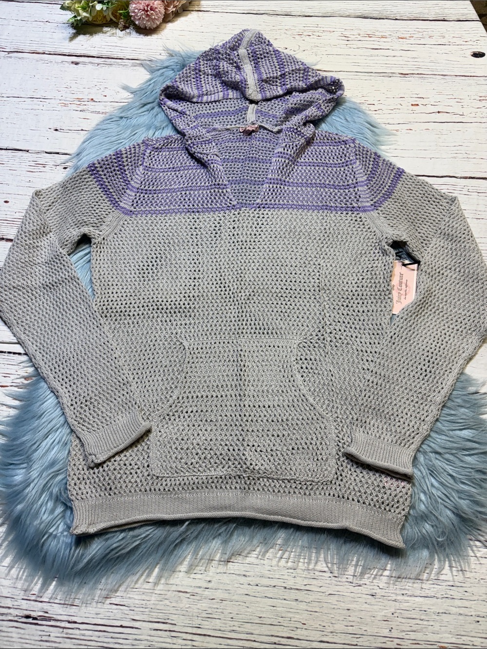 NWT Juicy Couture Gray Open-Knit Hoodie with Lavender Stripe SZ XL